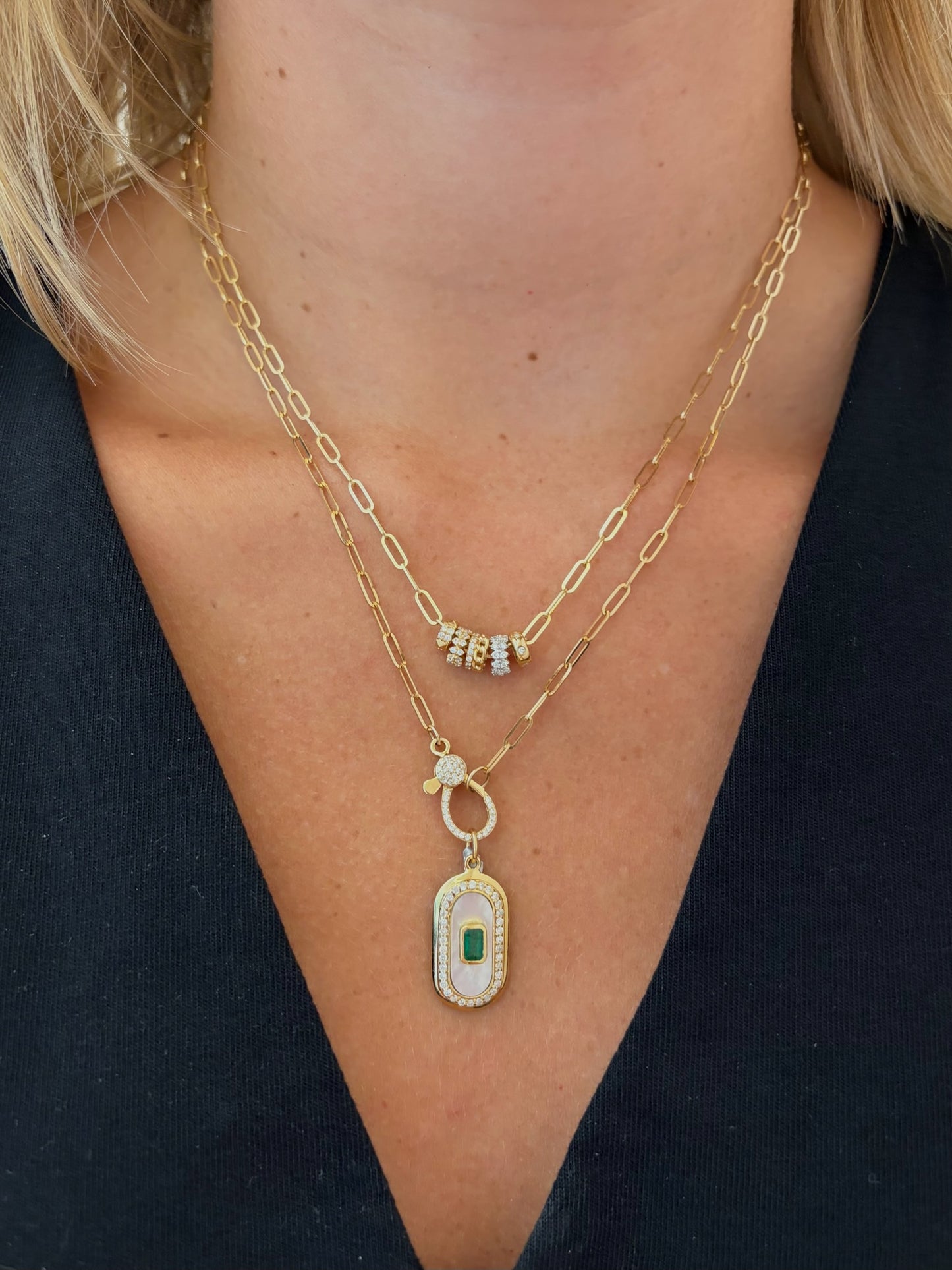 Vintage La Rose 14K Mother of Pearl Emerald Diamond Pendant