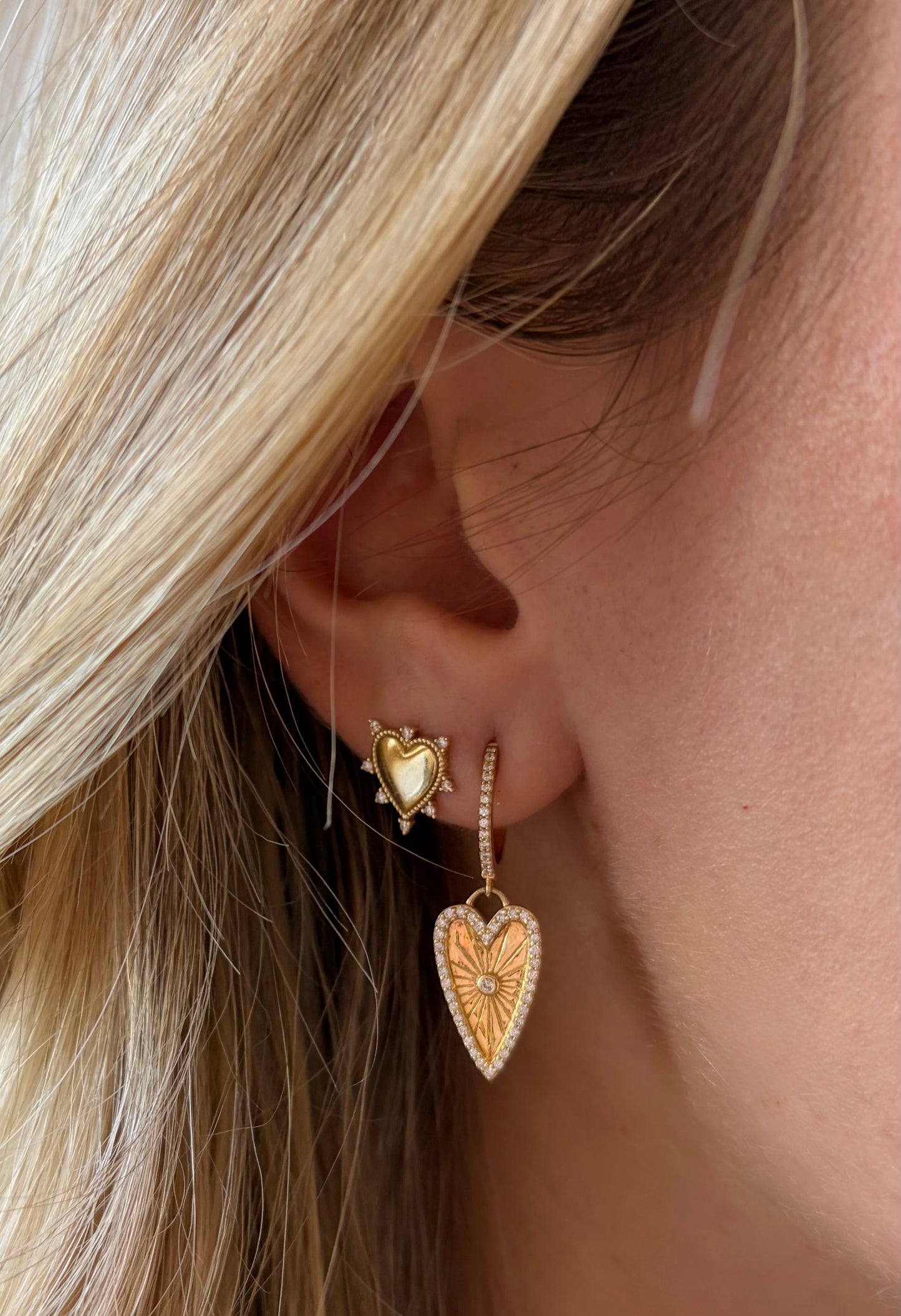 Vintage La Rose 14K Diamond Caviar Heart Studs