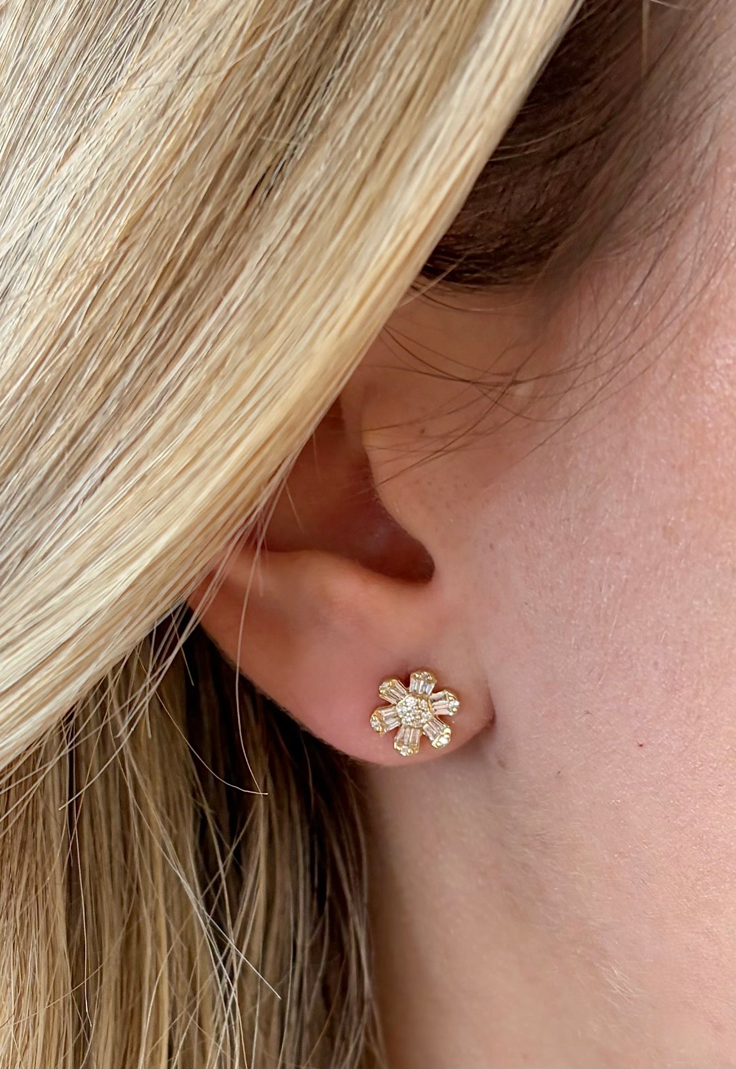 Vintage La Rose 14K Flower Baguette Studs