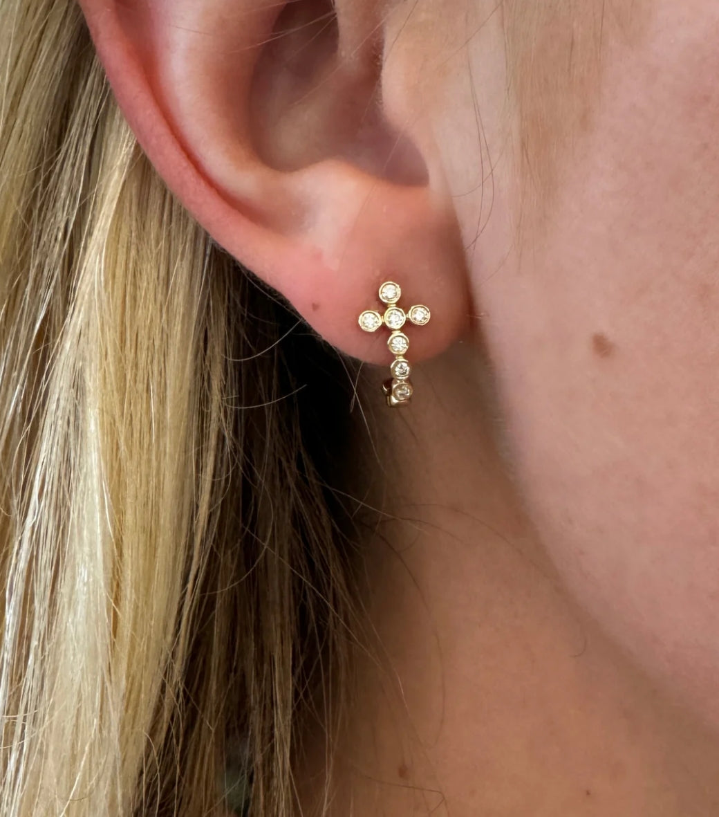 14K Vintage La Rose Diamond Cross Huggies