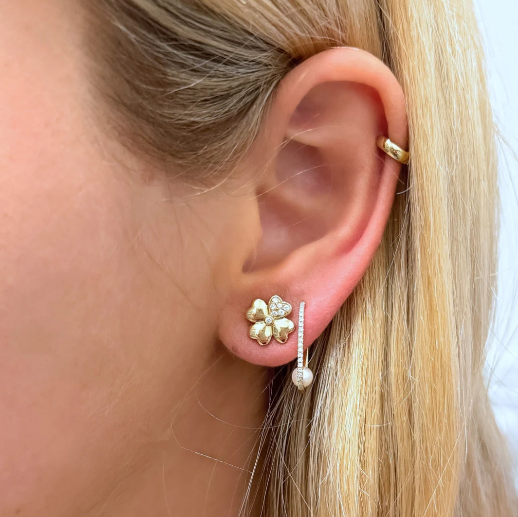 Vintage La Rose 14K Pearl Diamond Huggies