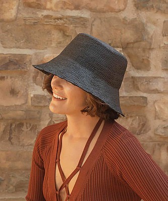 Freya Crochet Straw Bucket Hat- Black