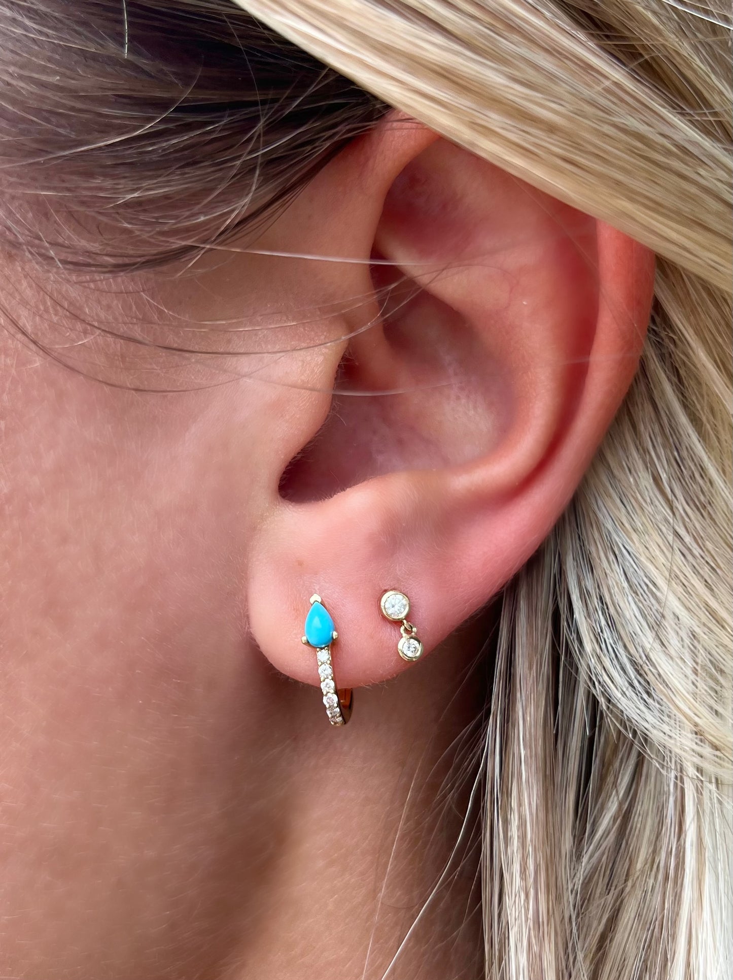 14K Vintage La Rose Turquoise Teardrop Huggie