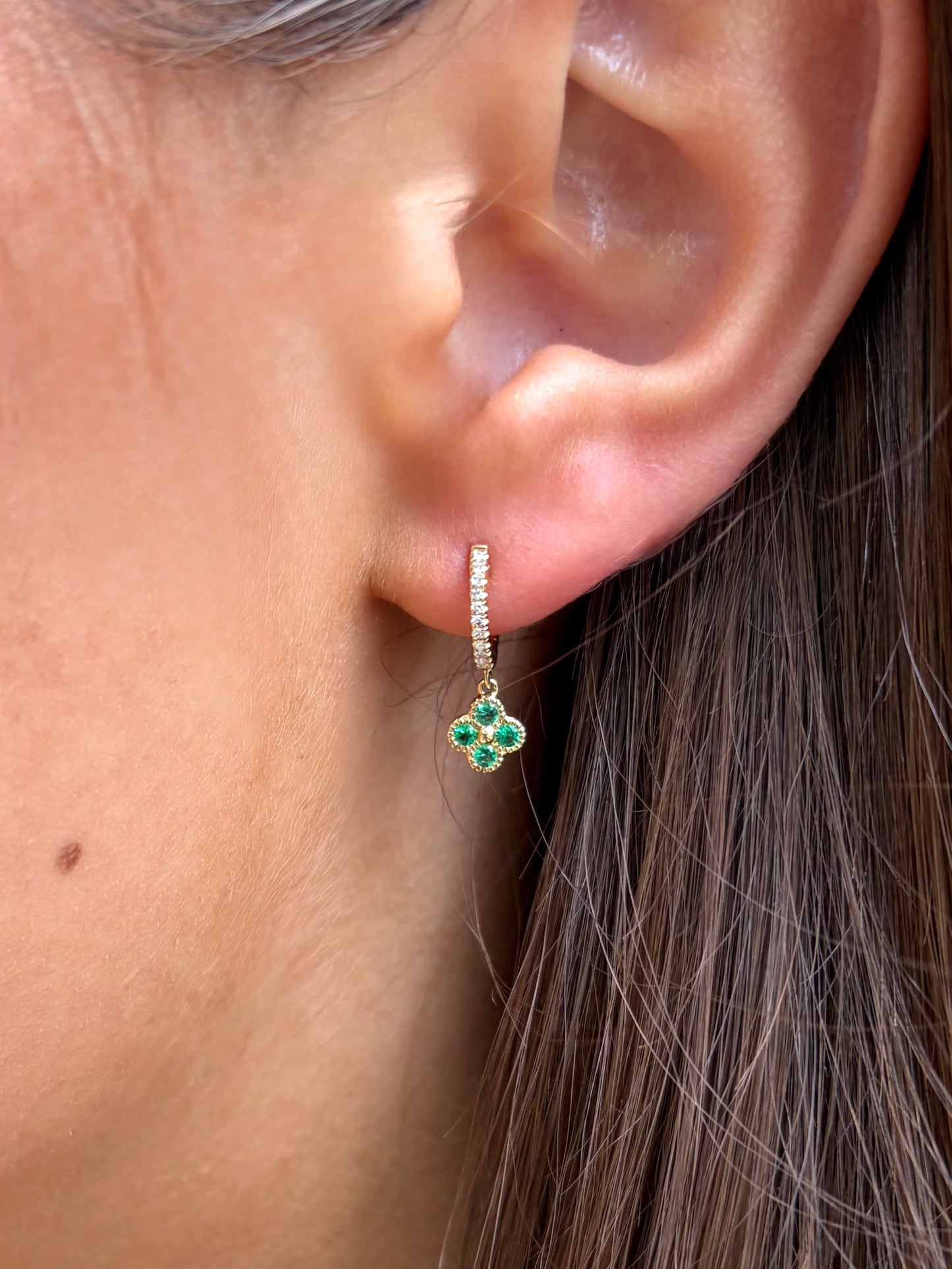 Vintage La Rose 14K Emerald Clover Diamond Huggies