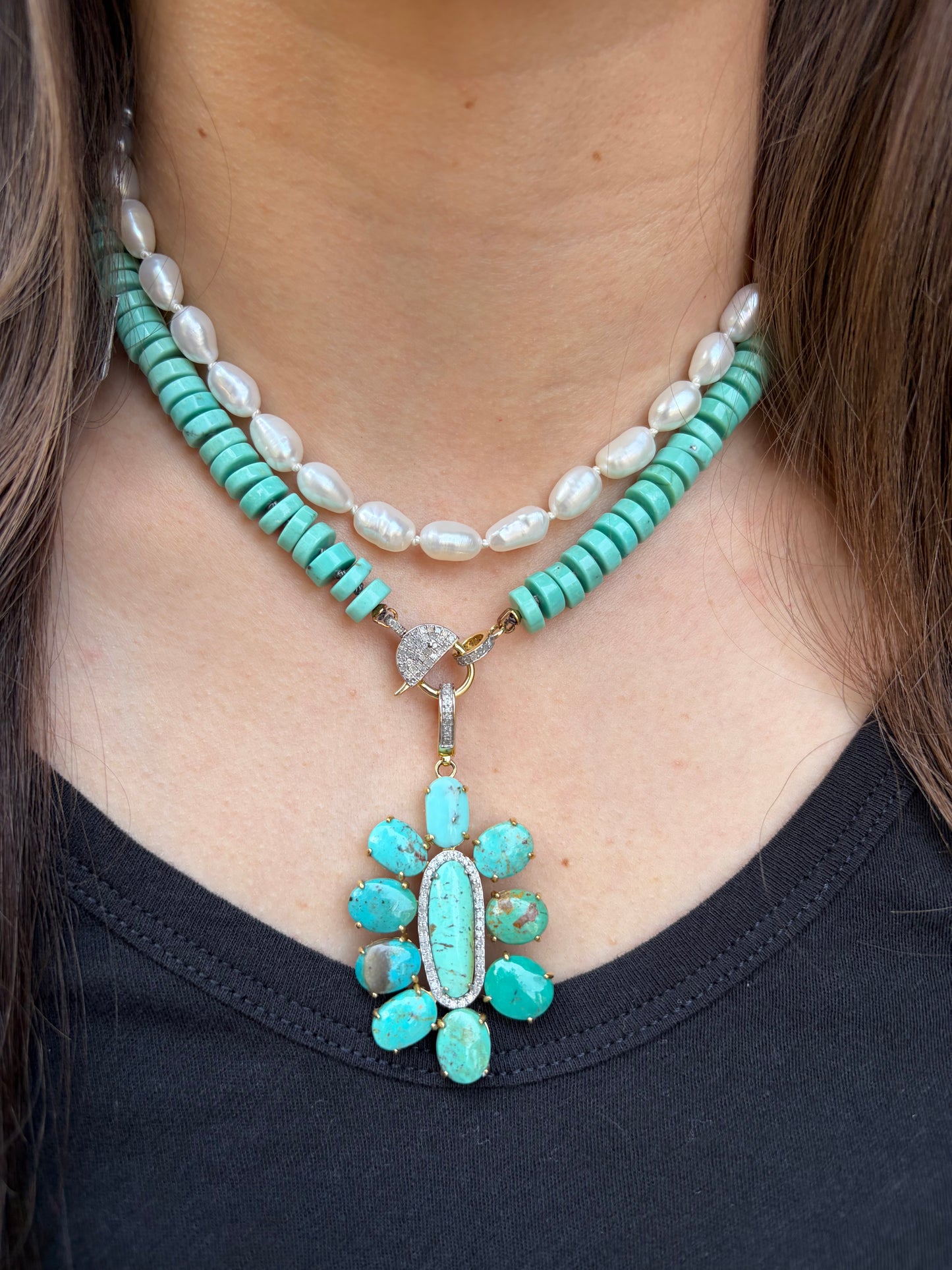 The Woods Fine Jewelry Turquoise Diamond Flower Pendant