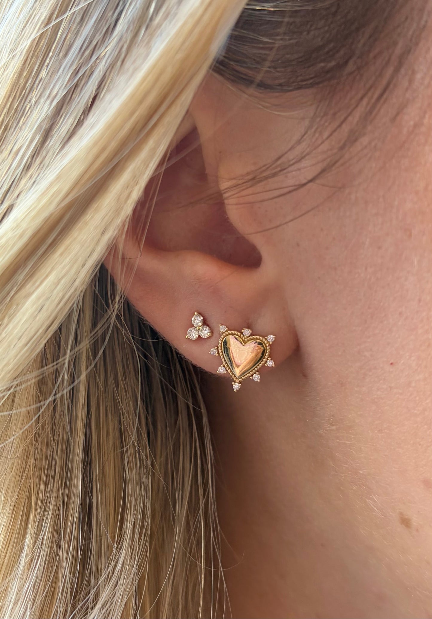 Vintage La Rose 14K Diamond Caviar Heart Studs