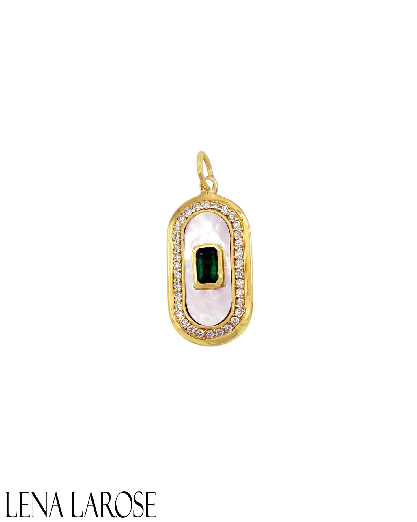Vintage La Rose 14K Mother of Pearl Emerald Diamond Pendant
