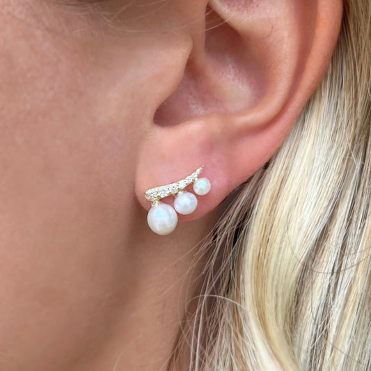 14K Vintage La Rose Crescent Pearl Crawler Earrings