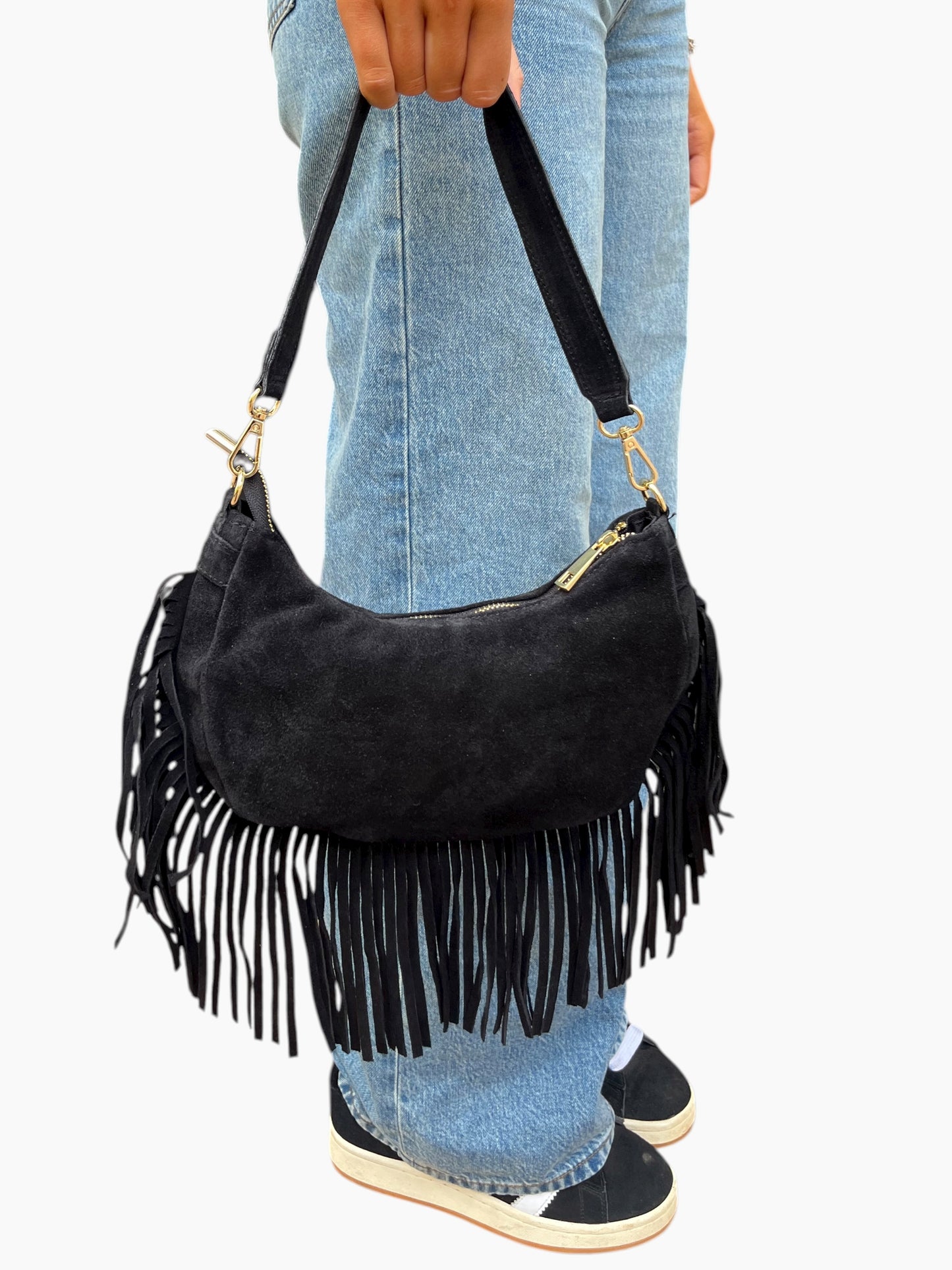 Italian Leather Fringe Bag Black
