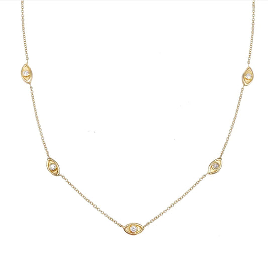 14K Vintage La Rose Diamond Evil Eye Station Necklace