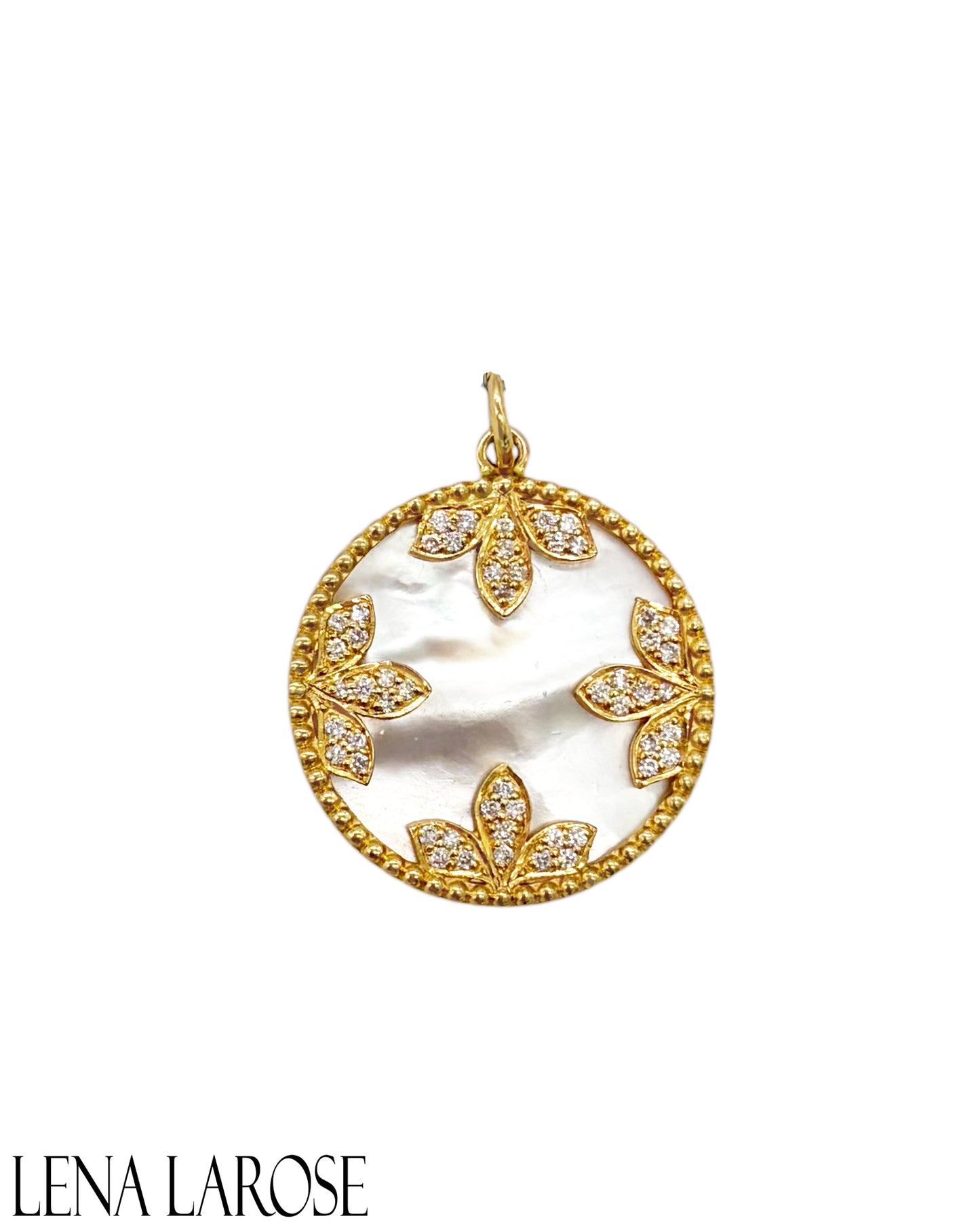 Vintage La Rose 14K Mother of Pearl Leaf Diamond Circle Pendant